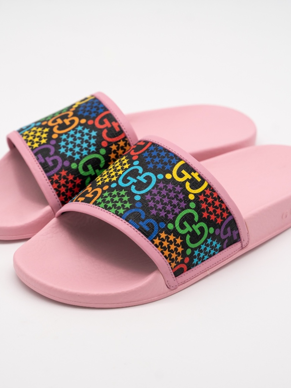 Gucci Women's Slide Sandals GG Pink Psychedelic Monogram size 38 EU 8 US